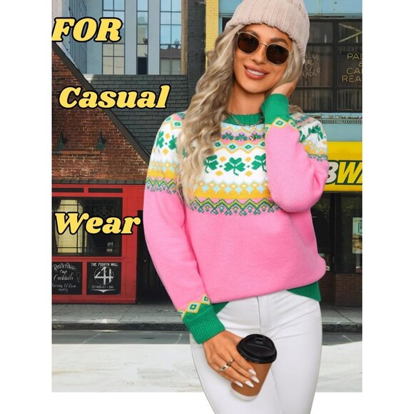 Womens Fair Isle Christmas Sweater Lucky Clover Pattern Chunky Knit Holiday Pull - Picture 7 of 7